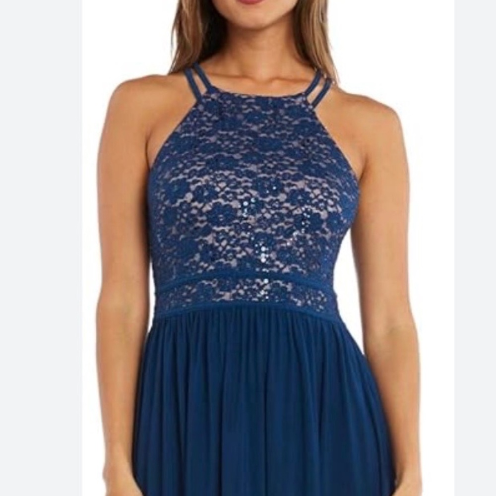 Nightway Women's Blue Lace Solid Sleeveless Halter Full-Length Dress NWT
